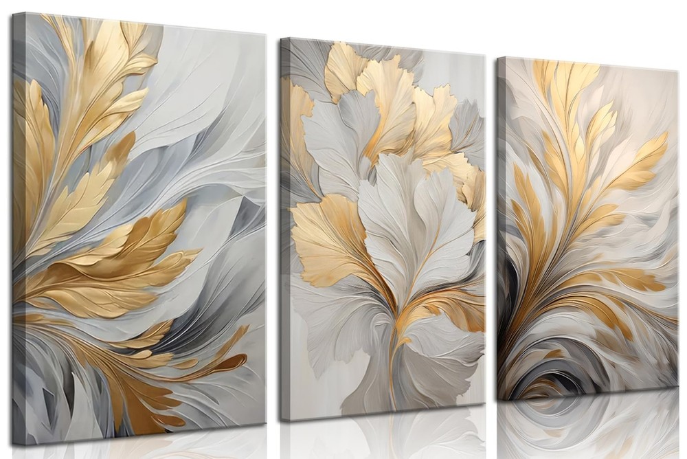 3Pcs Modern Abstract Golden White Leaves Canvas Wall Art Neutral Botanical Wa...