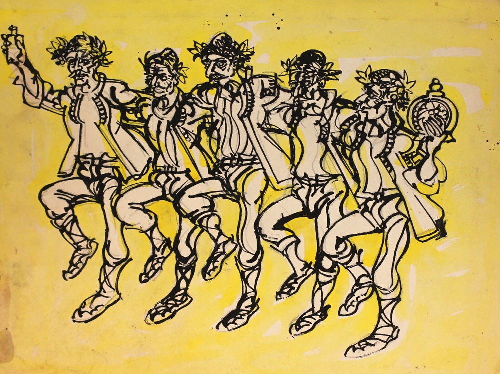 Vintage original gouache painting dancing figures