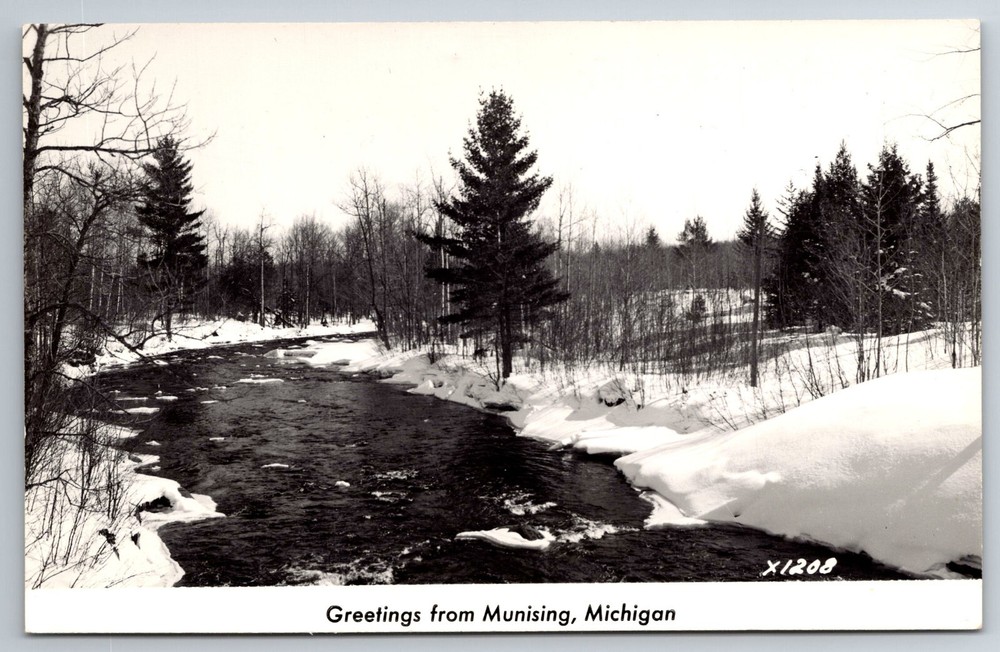 Vintage Postcard MI Munising Greetings River Snow Scene Nature RPPC  ~7741