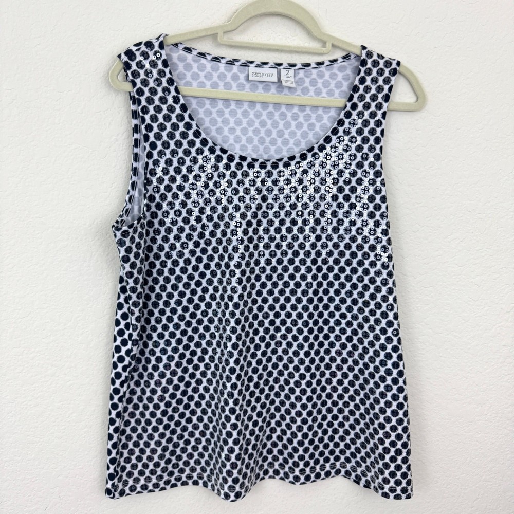 Chico's Womens Sleeveless Tank Top Size L Sequins Polka Dot Black