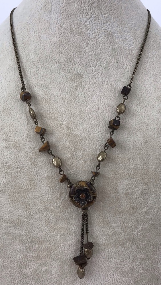 Vintage Nina Ricci Brass Tiger's Eye Flower Pendant Necklace AVON RARE