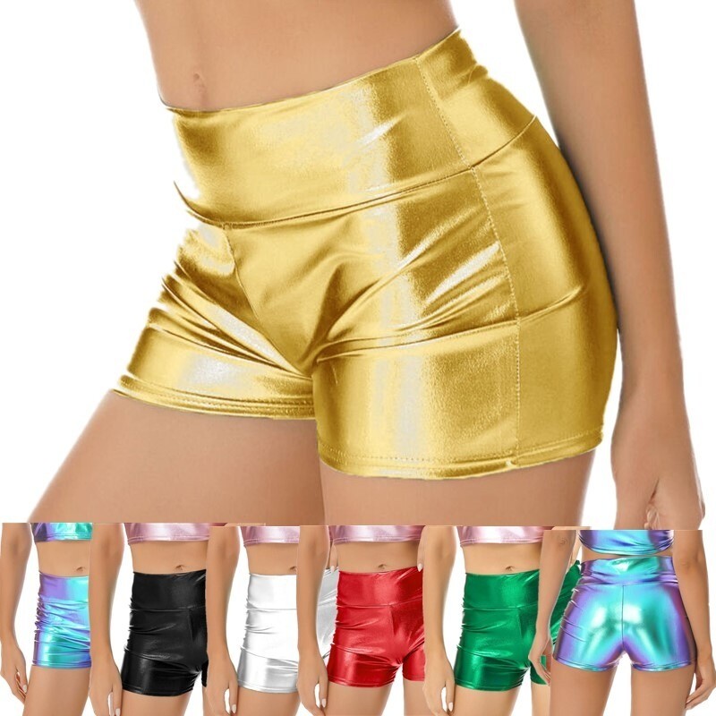 US Womens Metallic High Waisted Booty Shorts Shiny Cheeky Dance  Rave Bottoms