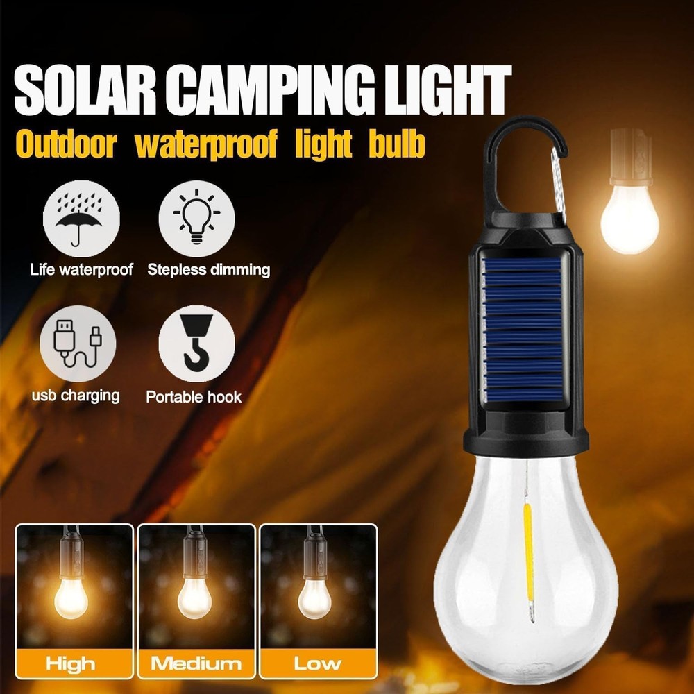 Solar Powered Hanging LED Light Bulb Outdoor Waterproof Tent Camping Lights Lamp
