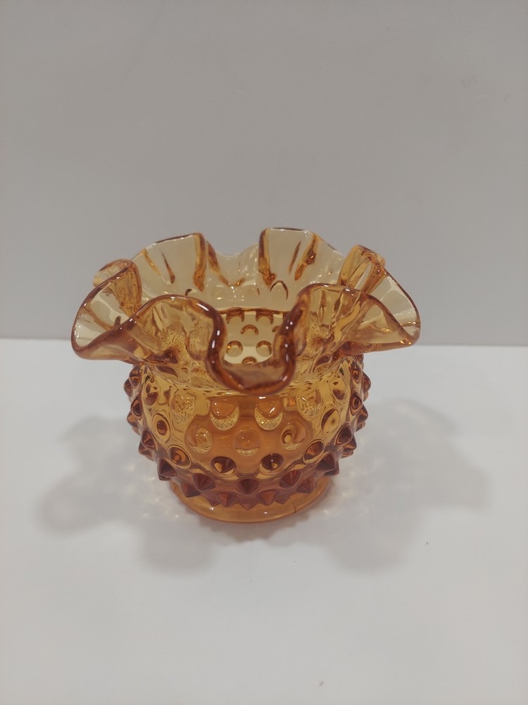 Vintage Fenton Glass Amber Hobnail Ruffled 3