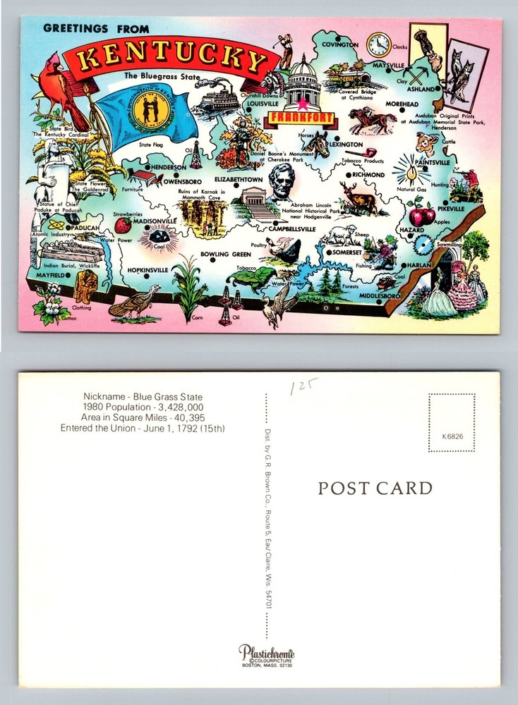 Frankfort, KY-Kentucky, Greetings Kentucky Bluegrass State Map Vintage Postcard