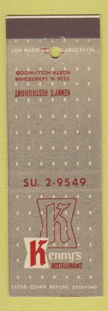 Matchbook Cover - Kenny's Restaurant North Hollywood CA