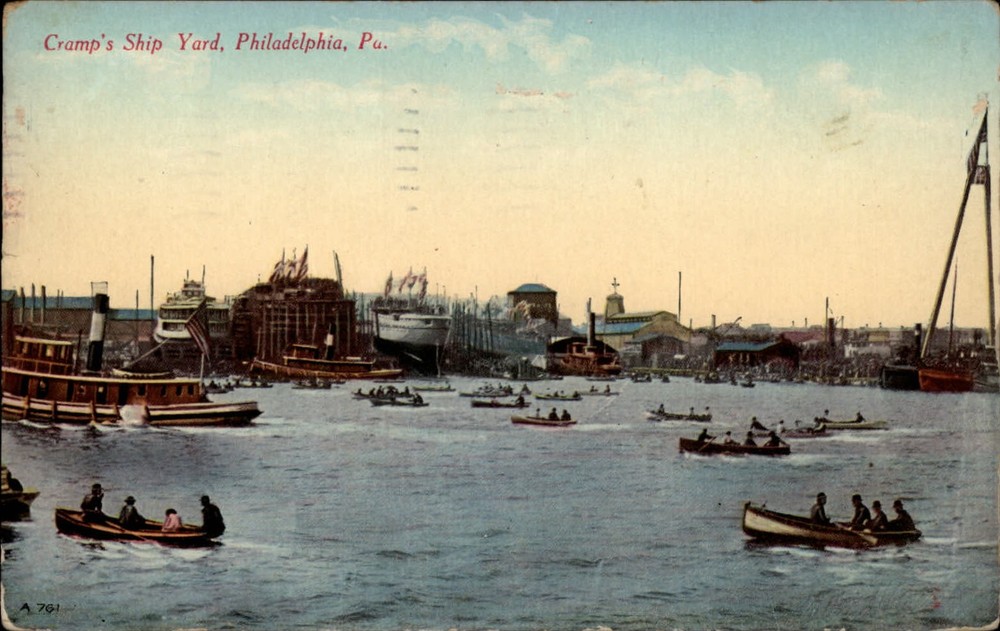 Cramp's Ship Yard Philadelphia Pennsylvania ~ ships in drydock ~ rowboats ~ 1912