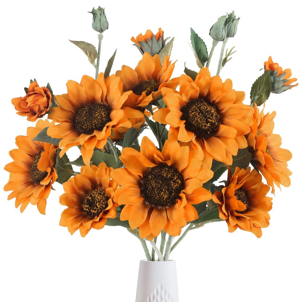 Artificial Sunflower Flowers Orange Faux Sunflowers with Long Stems 3pcs Fake