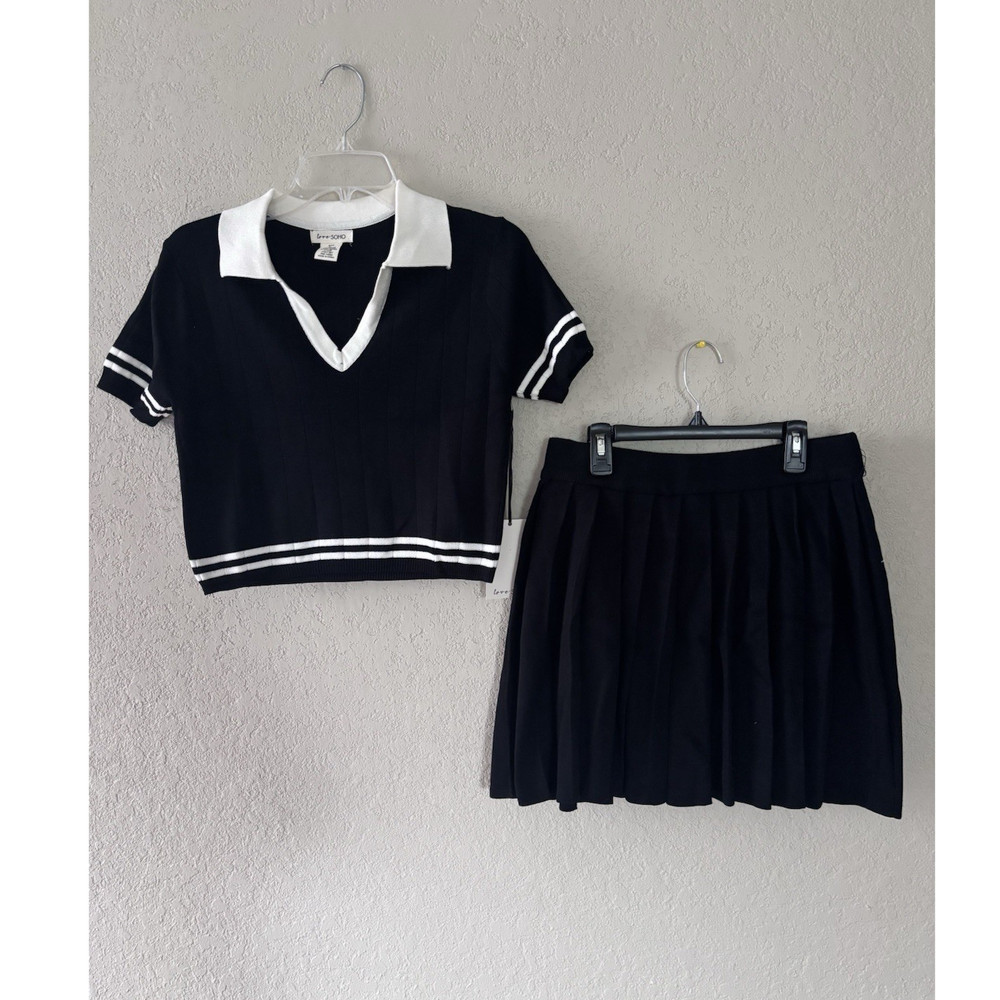 love SOHO Women's Black White Knit Top & Pleated Skirt Set Size L