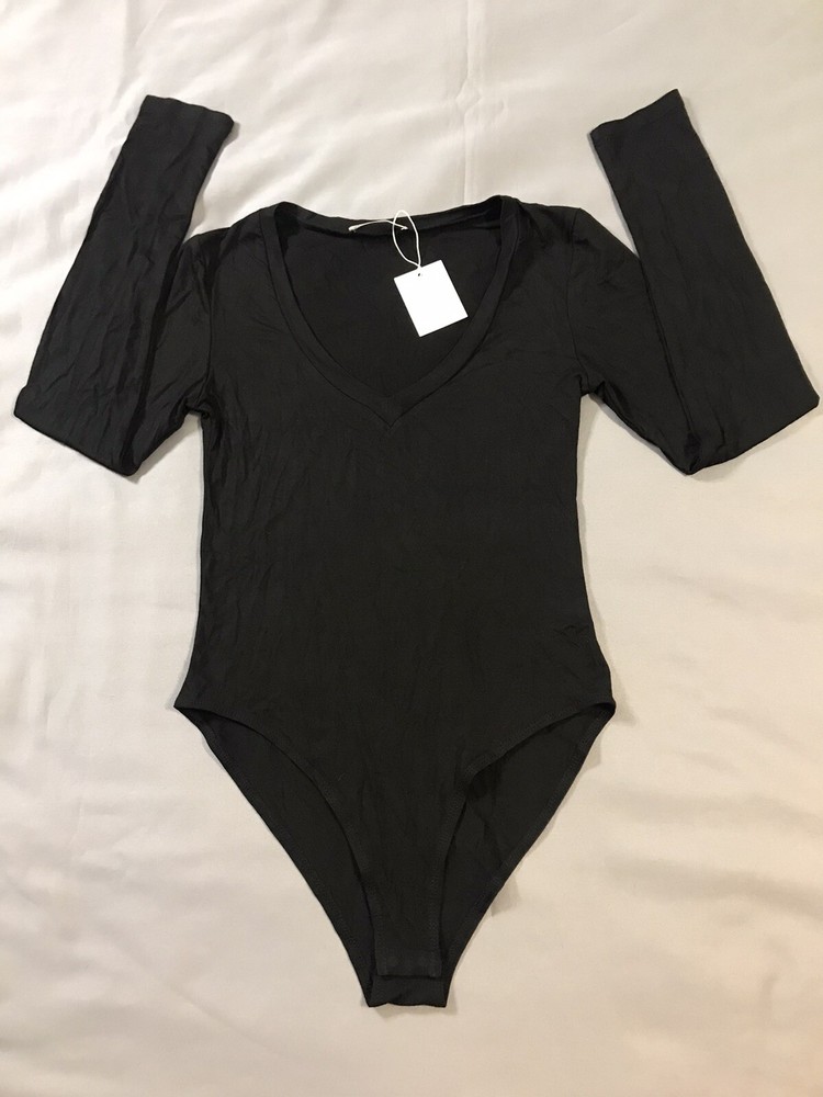 Mangopop Bodysuit Womens Small Black Long Sleeve V Neck
