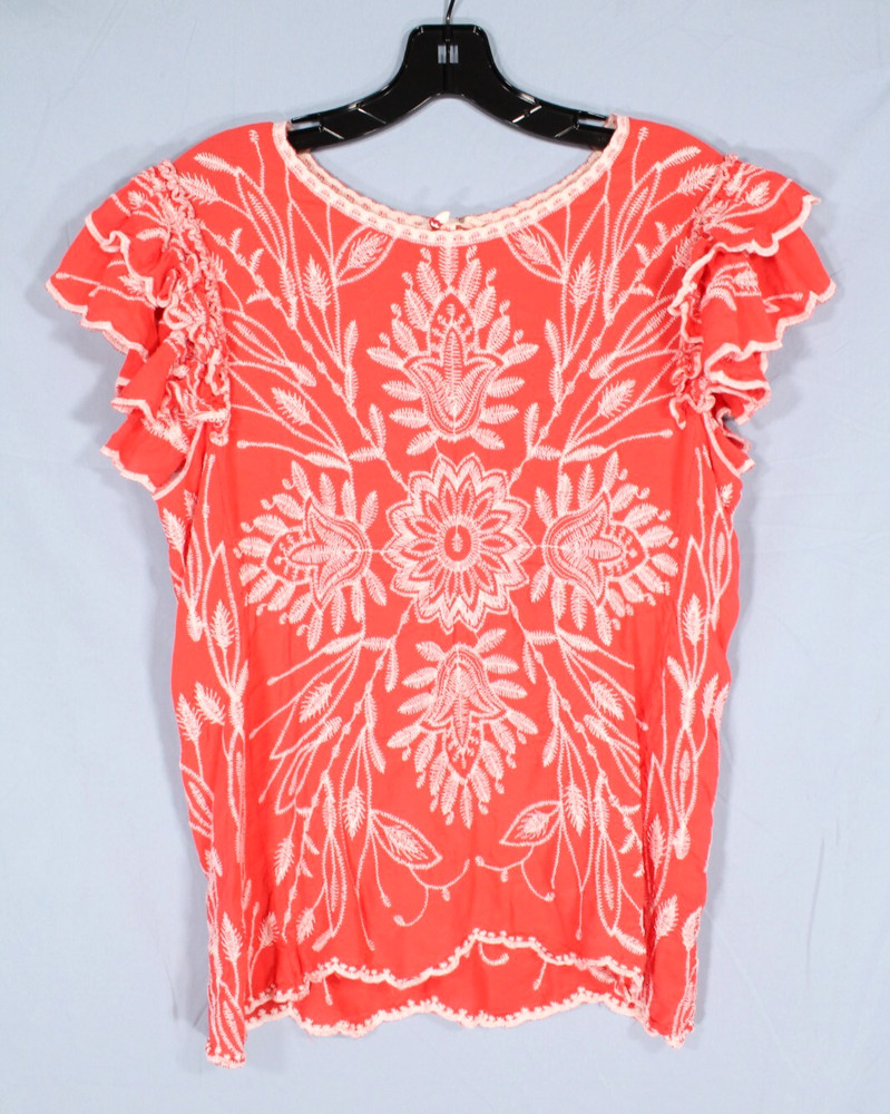 SOLITAIRE Anthropologie TWILL Ruffle Sleeves EMBROIDERED Coral BLOUSE/TOP Sz M