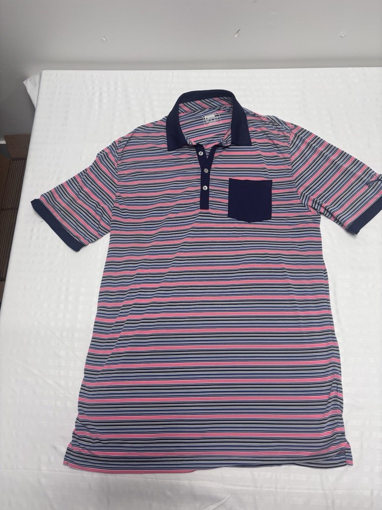 Puma Dry Cell Polo Shirt Blue Pink Men's Medium Short Sleeve Golf striped