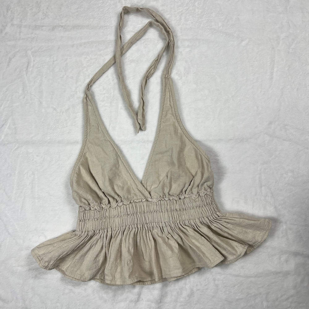 Ocean Drive Linen Blend Halter Top Beige Smocked Waist Peplum Crop Tank Boho