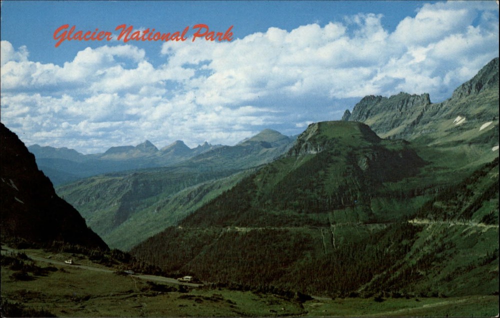 Glacier Natl Park Montana Going to Sun Highway mountains aerial vintage postcard