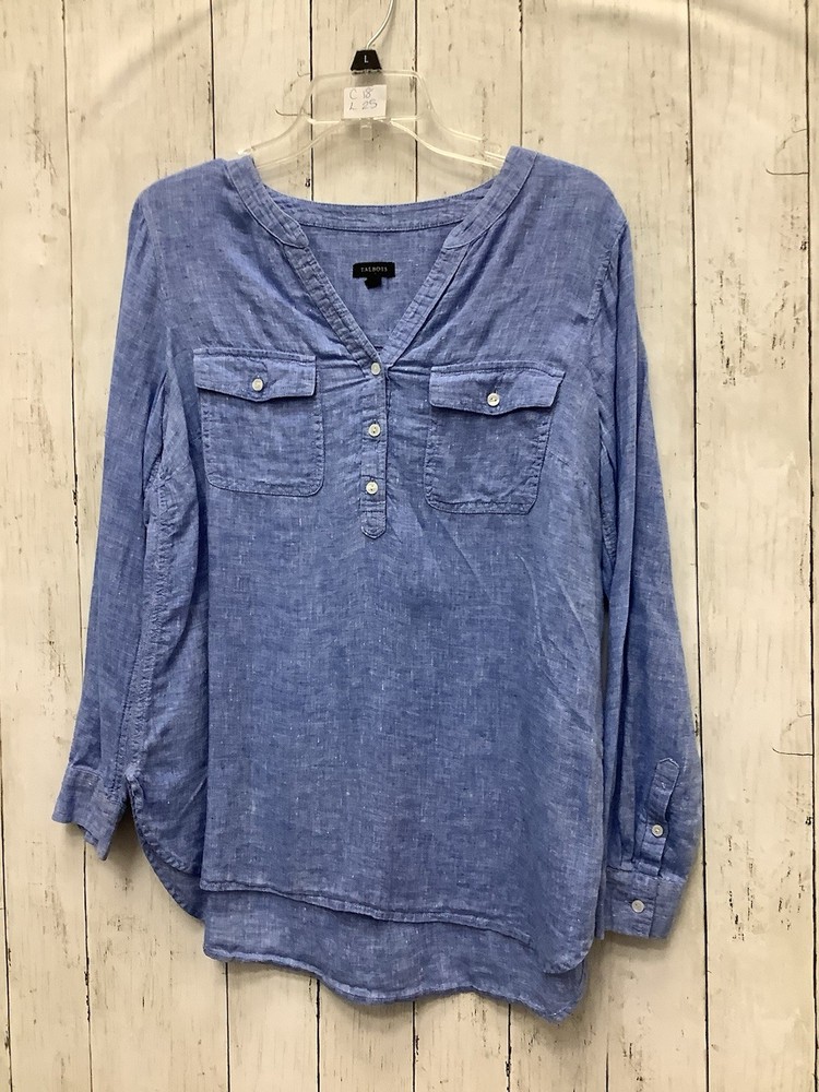 Talbots Women’s Medium Blue 100% Linen Long Sleeve V-Neck Henley Popover Shirt