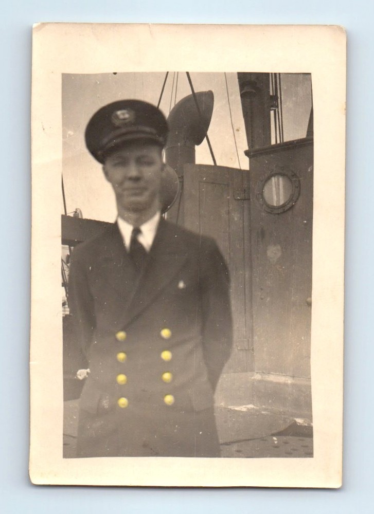 Old Vintage Photo SOLO MAN CAPTAIN IN UNIFORM ABOARD SHIP DECK SNAPSHOT PIC
