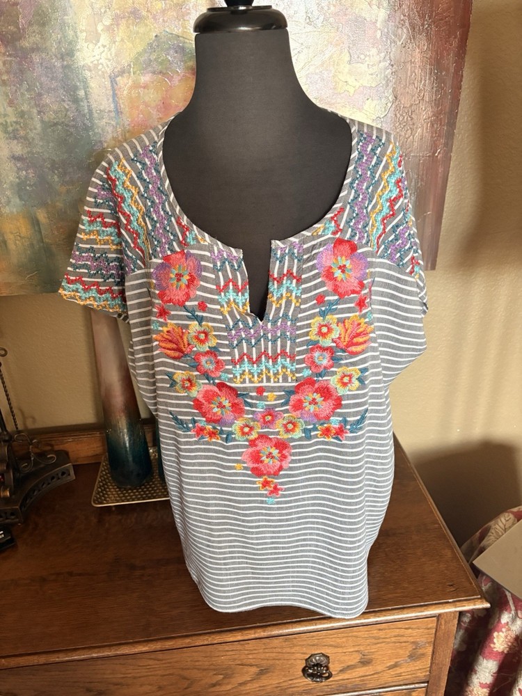 Savanna Jane Floral Embroidered Gray And White Striped Blouse (1X)