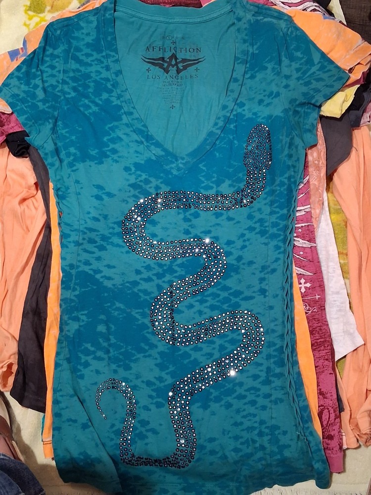 Affliction Teal V-Neck Short Sleeve Cotton T-Shirt Rhinestone Snake Design