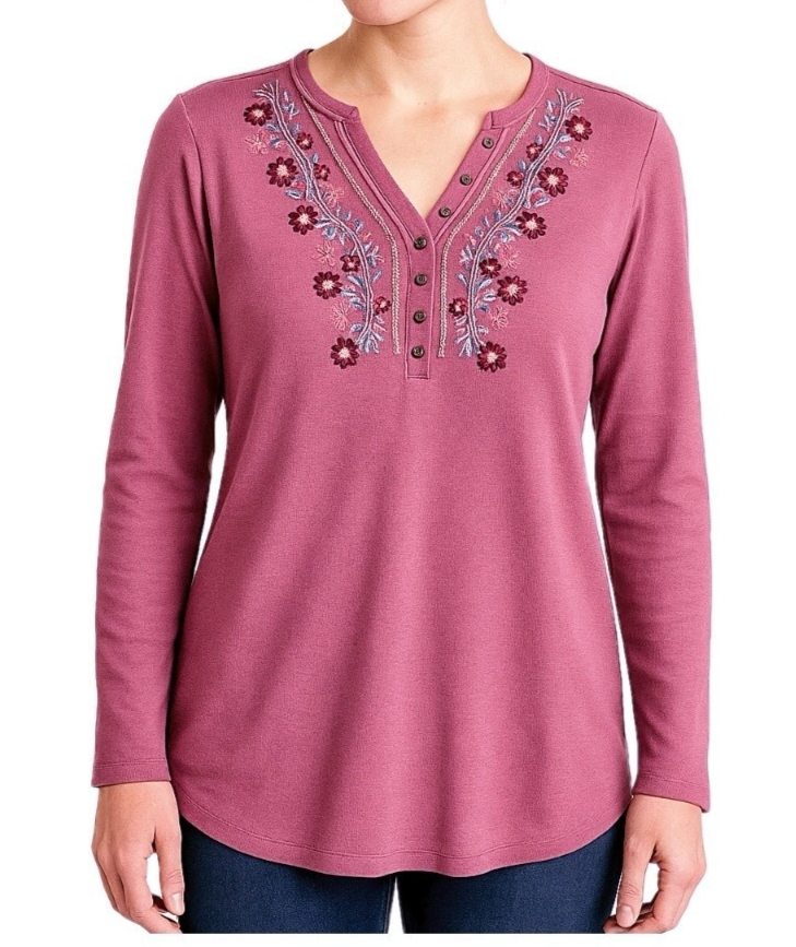 XL Boho Purple Embroidered V-Neck Long Sleeve Knit Tunic Blouse