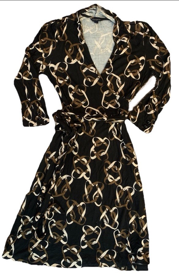 Banana Republic Black Chain Print Geometric Stretch Wrap VNeck Midi Dress Casual