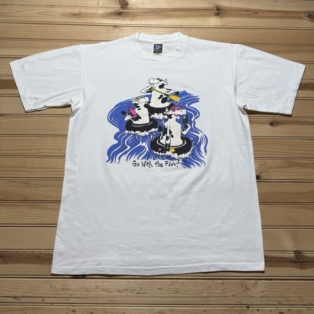 Vintage 80s 90s Go With The Flow Cows River Tubing Eating Drinking Shirt - Large