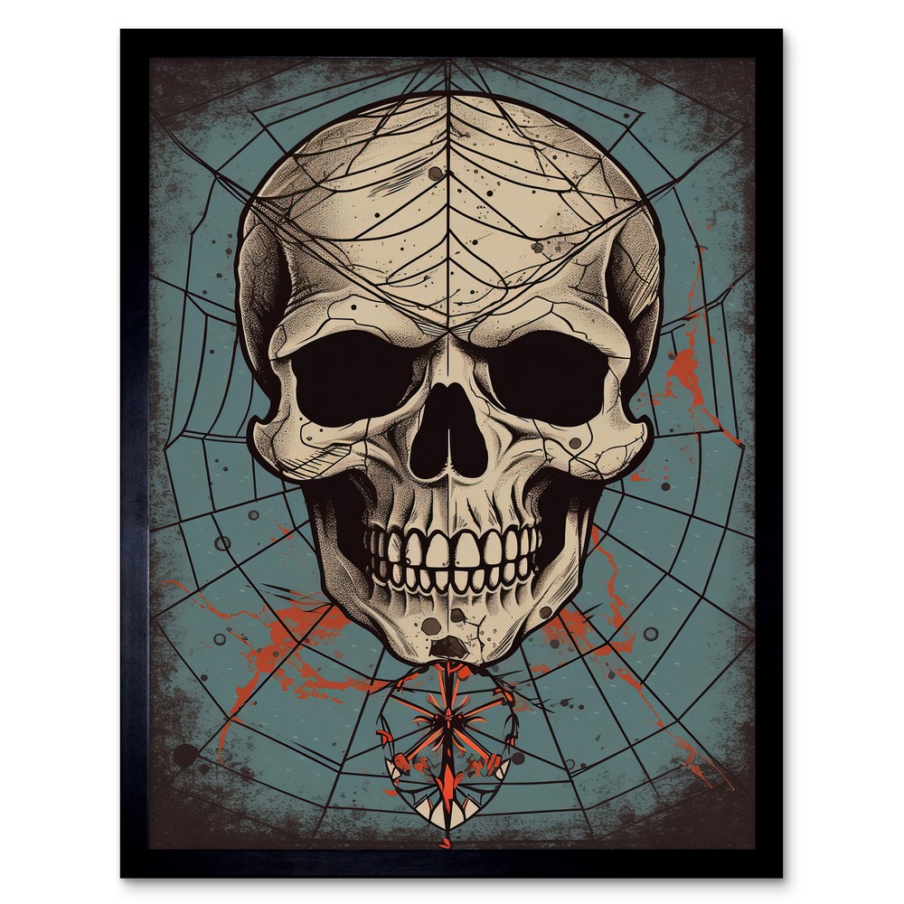 Old School USA Tattoo Skull Spider Rockabilly 50s Framed Print Wall Art 12x16