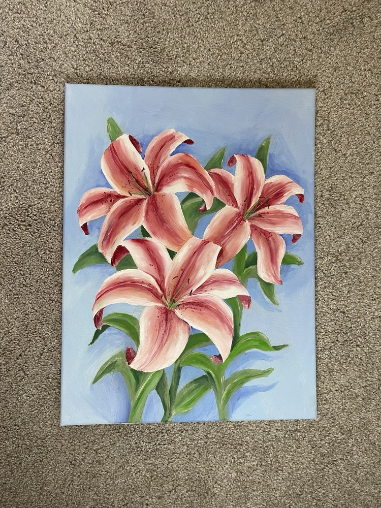 Hand Painted Pink Lily Flowers Oil Painting on Canvas Floral Wall Art Home Decor
