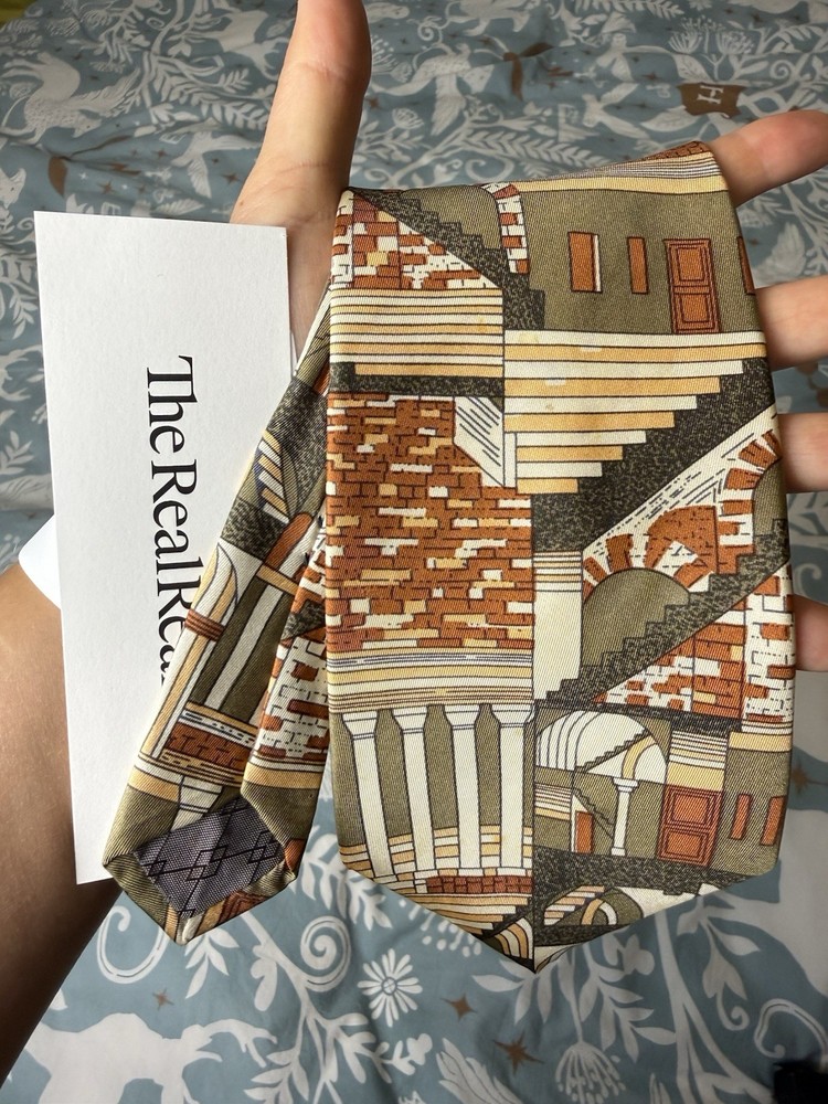 VTG Pierre Balmain Paris Men’s Neck Tie 100% Italian Silk Earthy Art Deco 80s