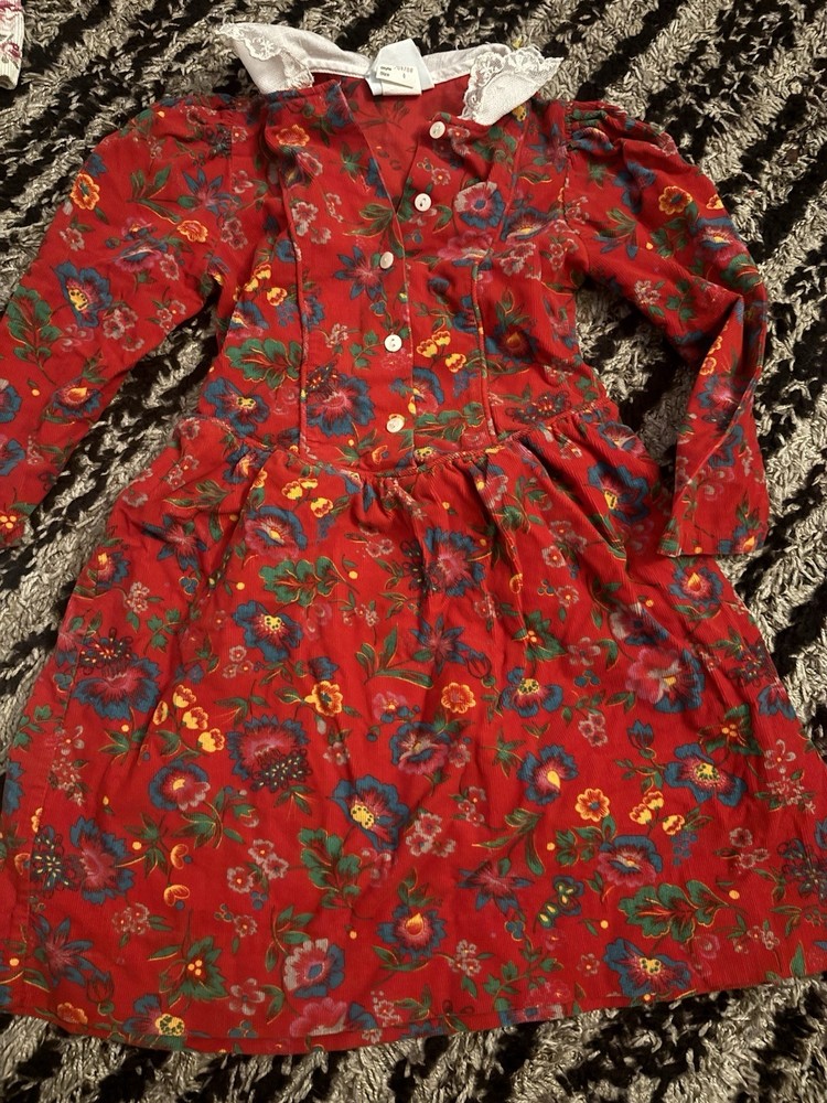 The Children's Hour by Jan Briggs Red Floral Button Front Lace Collar Dress