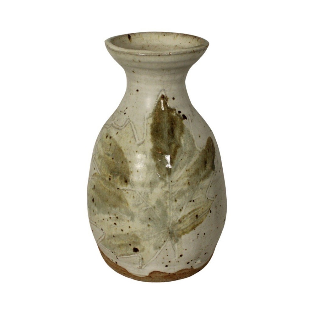 Handmade Stoneware Pottery Ceramic White Green Maple Leaf Vase Signed 7x4 in