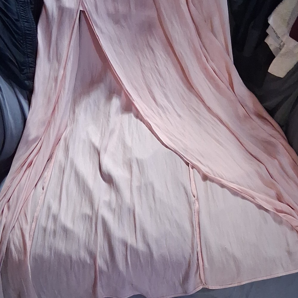 Forever 21 Pink Chiffon Long A-Line Skirt Side Slit Tie Waist Zip Size L