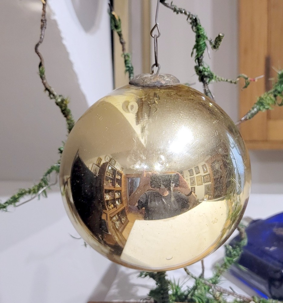 German Kugel Christmas Gold 1890s Heavy Glass Ornament, Brass Cap on Top. 4.5