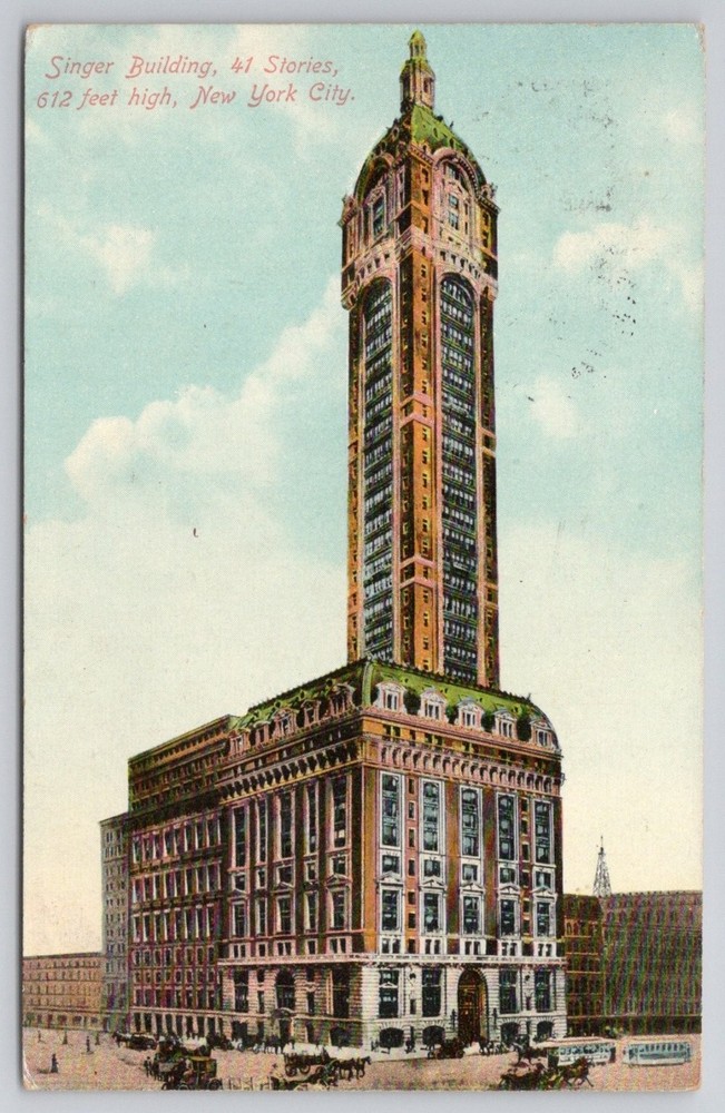 1912 Singer Building New York City Postcard NYC Skyscraper Mezzochrome