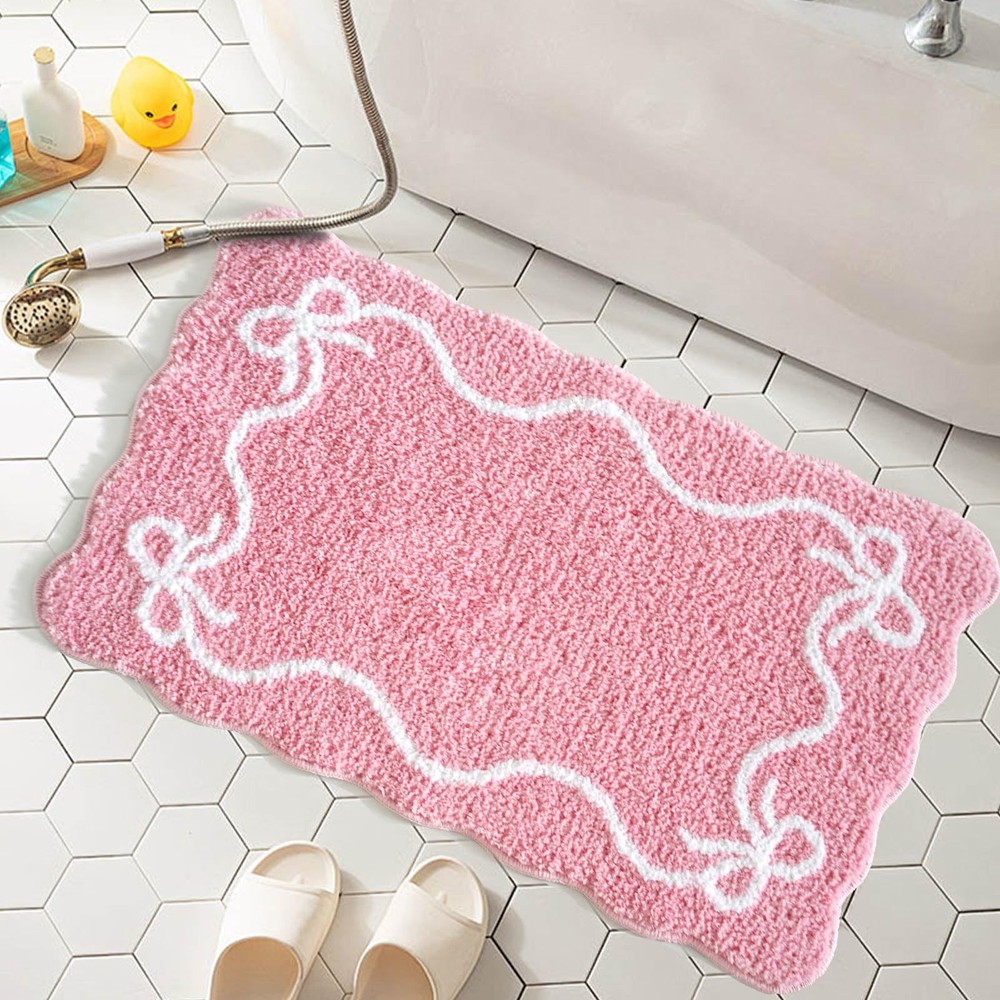 Pink Bow Bath Mat Cute Bow Bathroom Rug Super Soft Absorbent Bathroom Rugs No...