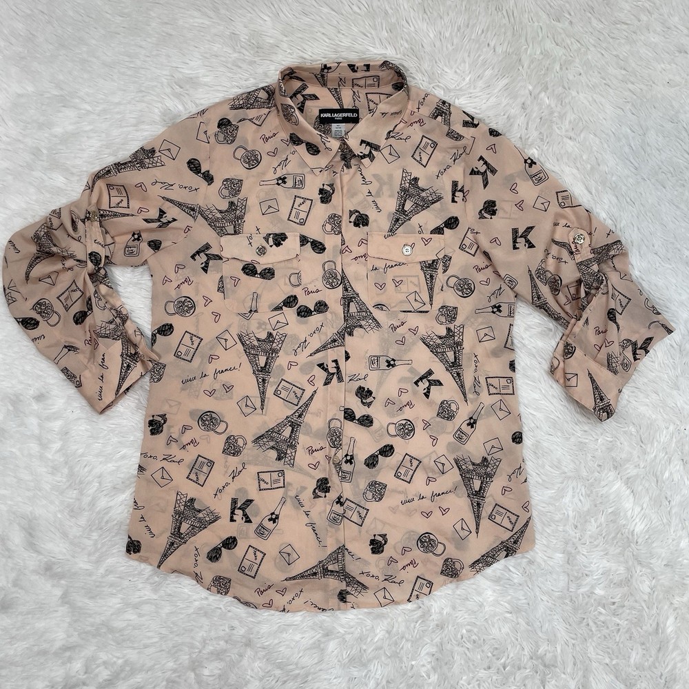Karl Lagerfeld Paris Printed Button Up Shirt Women’s Size M Medium Peach Love