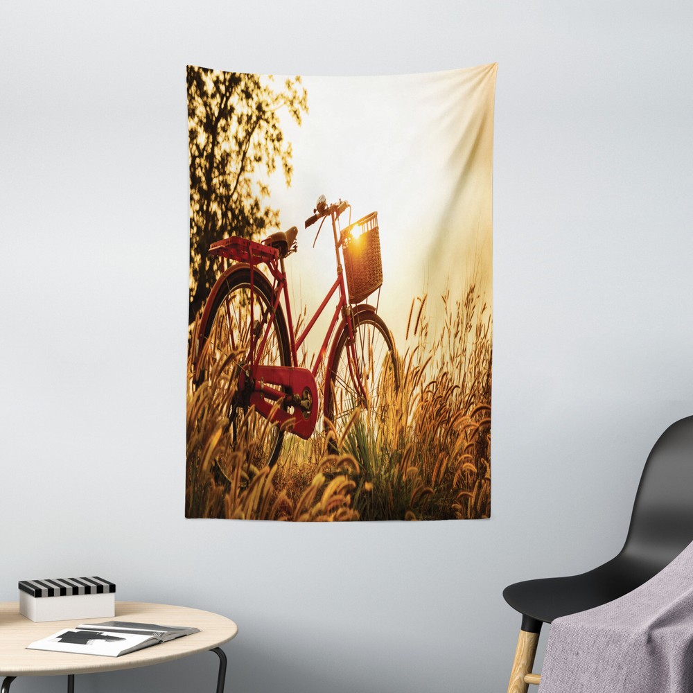 Retro Tapestry Bike in Sepia Tones Rural Print Wall Hanging Decor