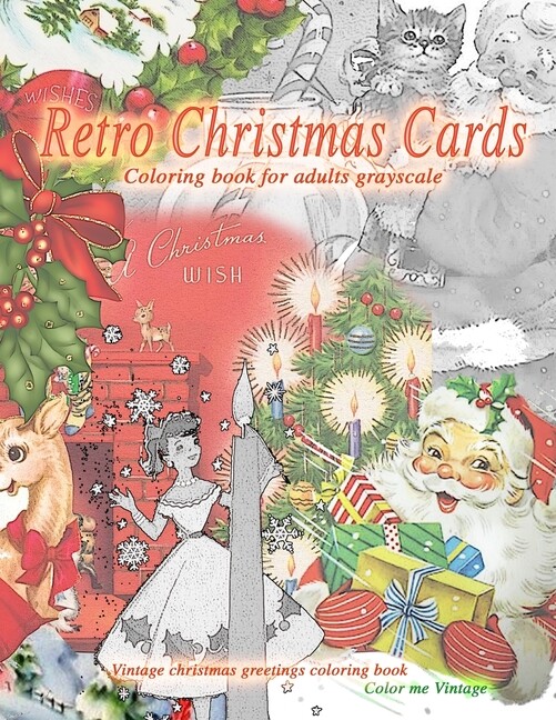 Retro Christmas Cards Coloring Book For Adults Grayscale  Vintage Christmas...