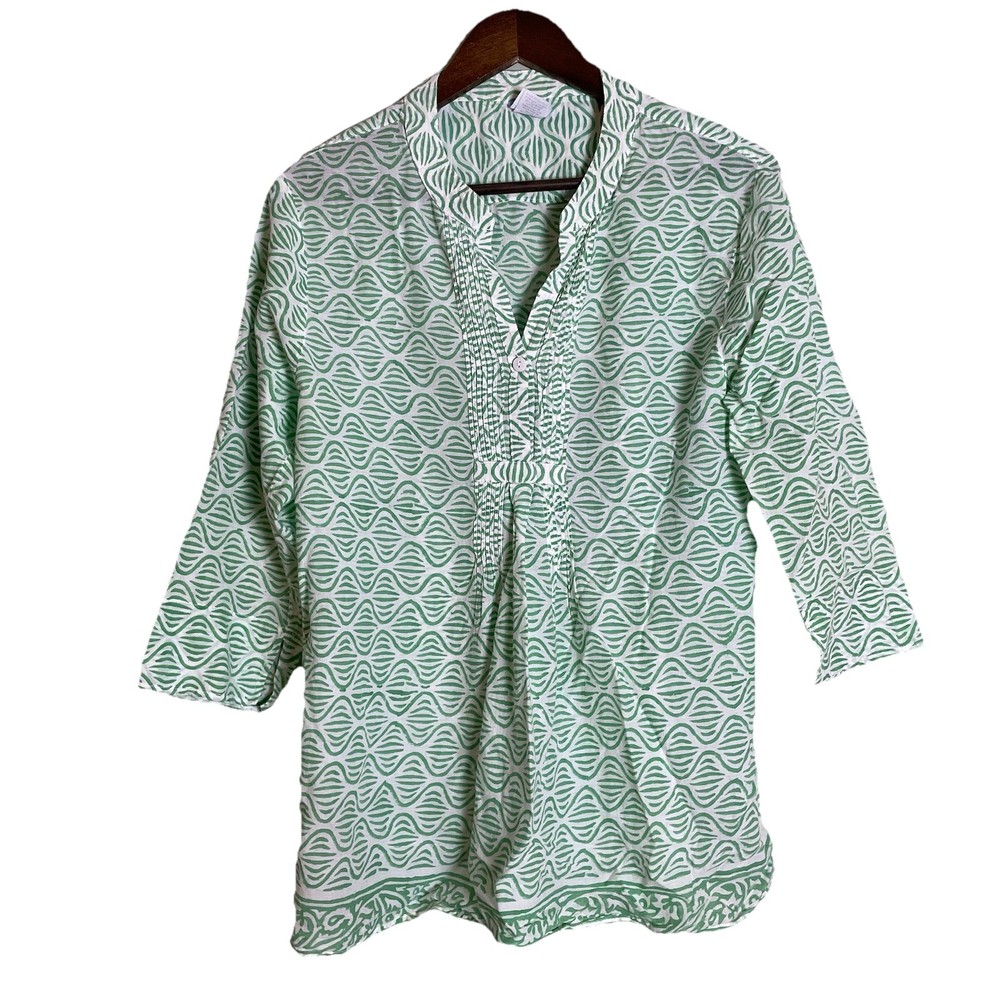 Beach Coverup Tunic Top Medium Green White Lightweight Cotton Preppy Swim Resort