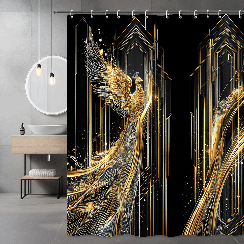 Phoenix Bird Shower Curtain Black Gold Graphic Art