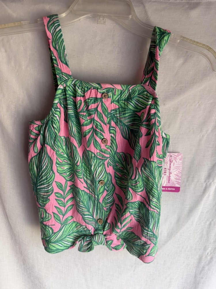 Girls Tank Top Tommy Bahama Pink Green Tropical Print Buttons Bow  L 10-12 NWT