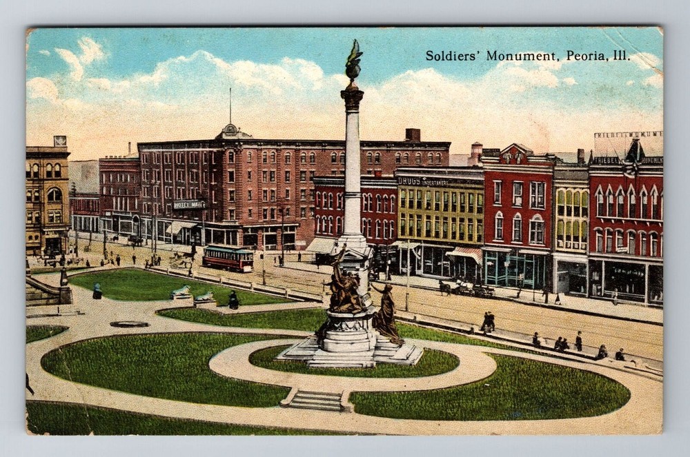 Peoria IL-Illinois, Soldiers' Monument, Antique Vintage Souvenir Postcard
