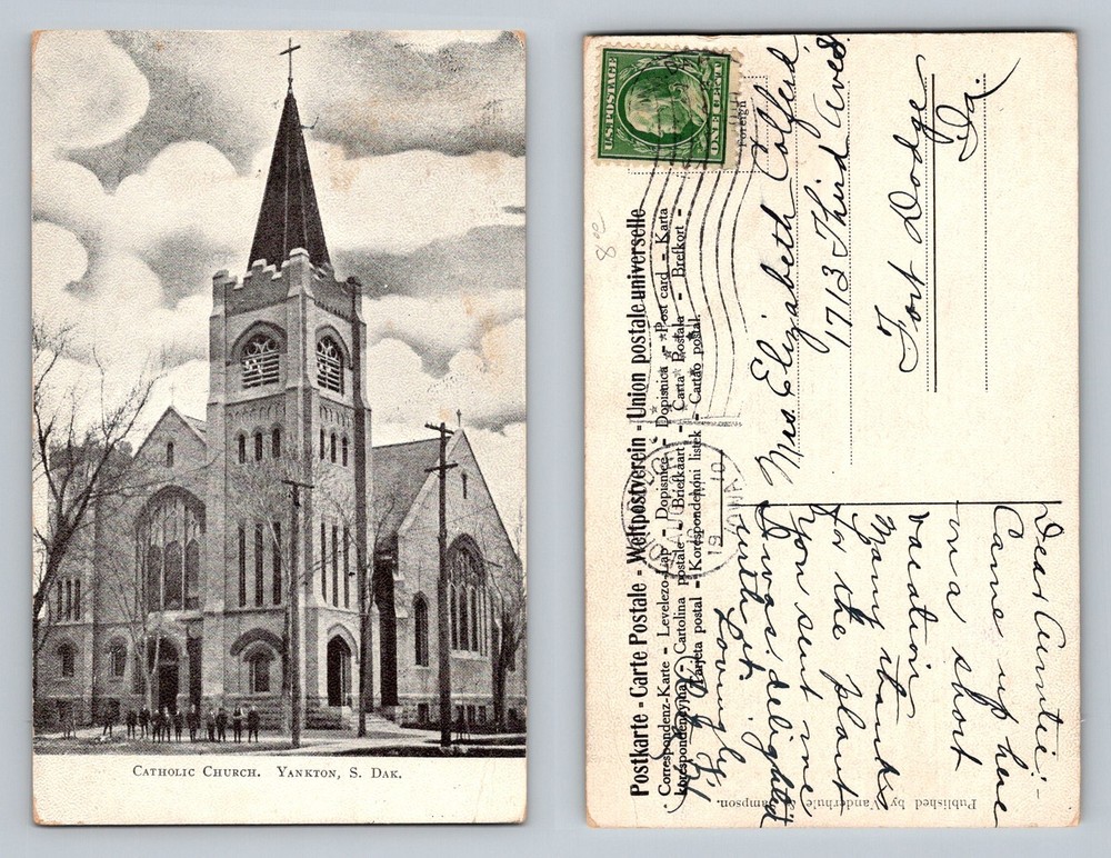 Yankton, SD-South Dakota, Catholic Church Steeple Front Vintage c1910 Postcard