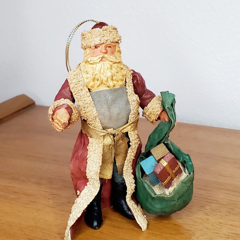 VTG Santa Papermache Ornament Tree Decorations Old World Santa Toy Sack Holiday