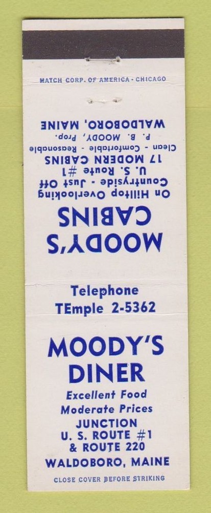 Matchbook Cover - Moody's Cabins Diner Waldoboro ME