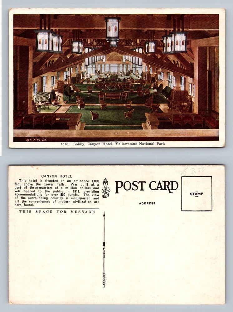 Yellowstone National Park, WY-Wyoming, Canyon Hotel Lobby Vintage Postcard
