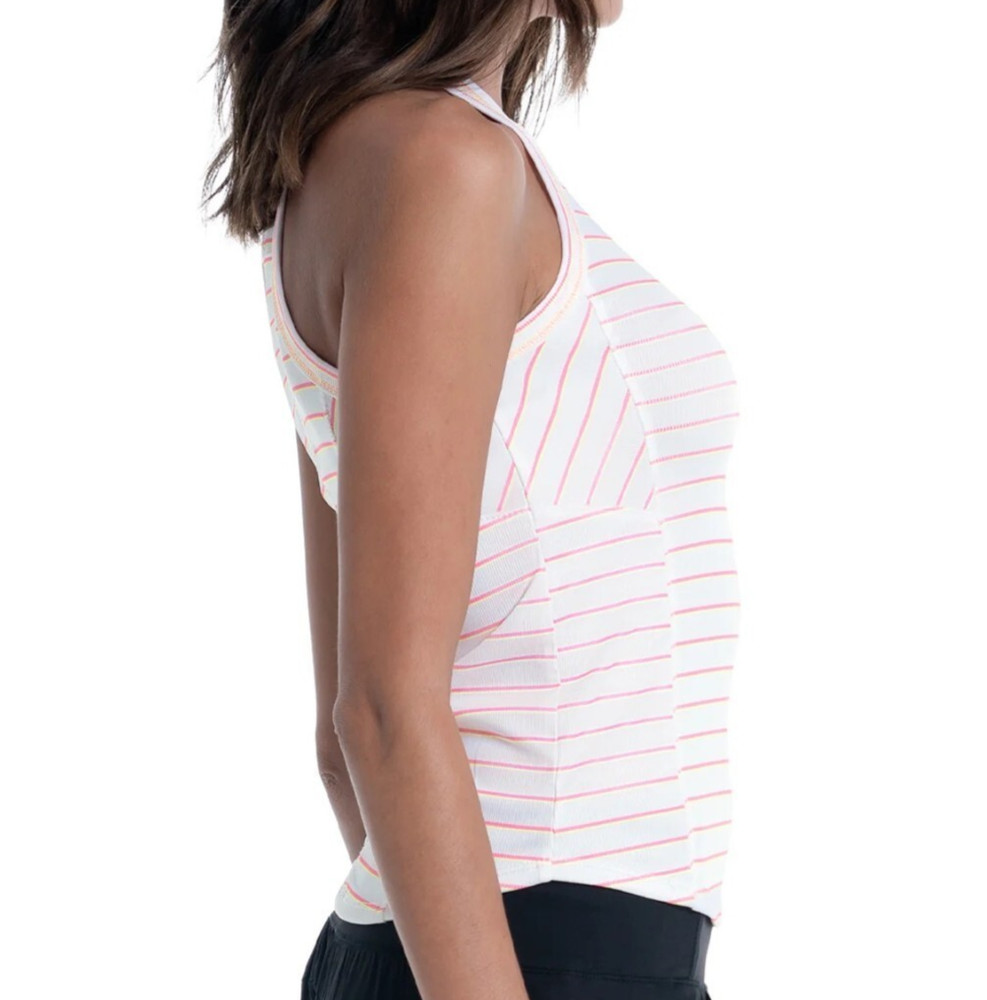 NEW Lucky in Love Tech Love Rib Tank SMALL White Pink Yellow Stripes Racerback