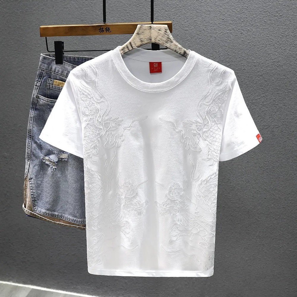 Men's Summer Casual Short Sleeve T-Shirt Dragon Embroidery Slim Fit O-Neck Top