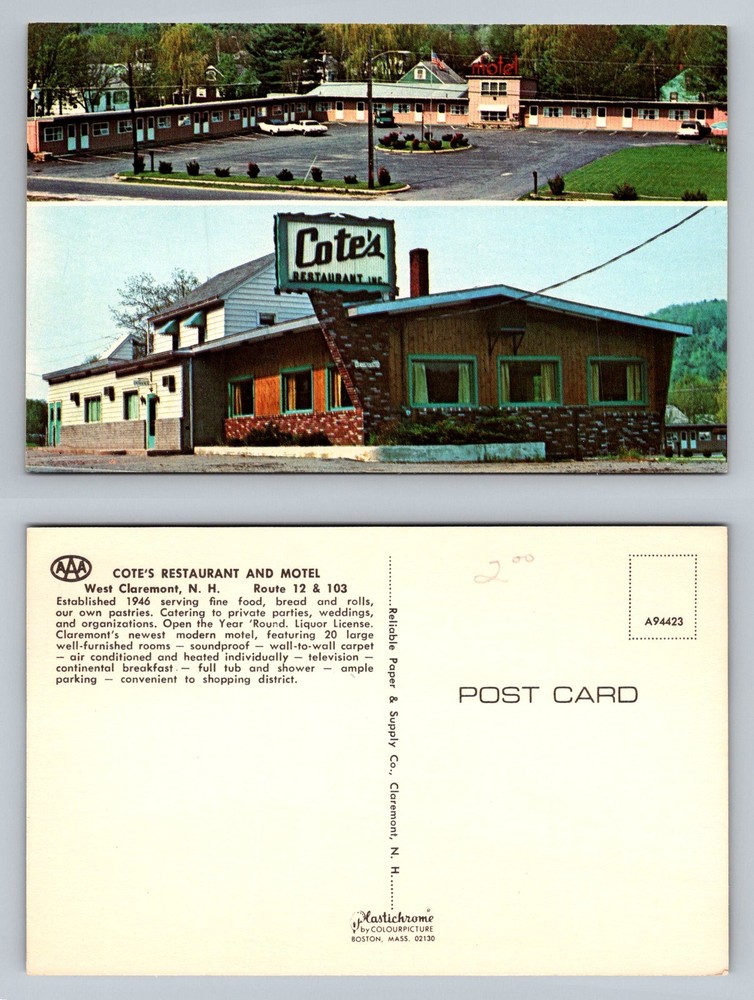 West Claremont, NH-New Hampshire, Cote's Restaurant And Motel Vintage Postcard