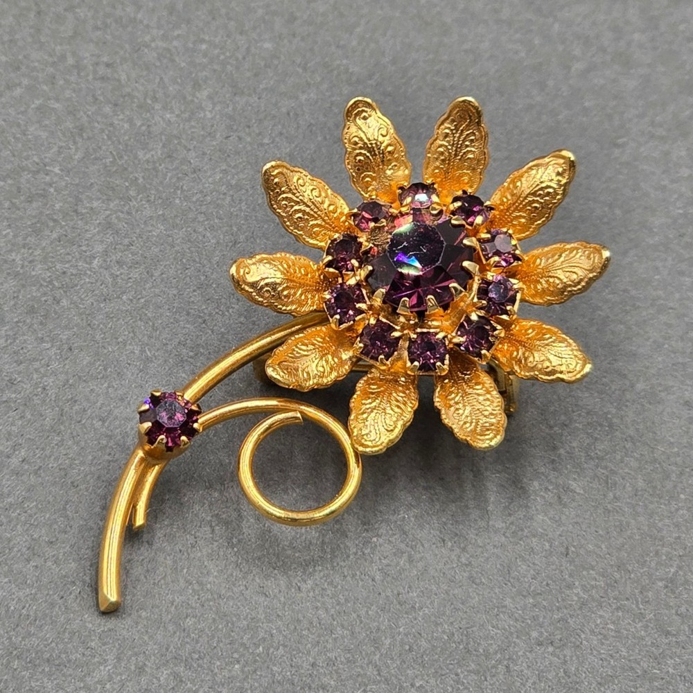 Vintage Purple Rhinestone Flower Brooch 2