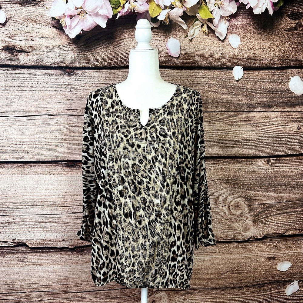 Chico’s Women’s Nylon Leopard Printed Embroidered Boho V-Neck Blouse